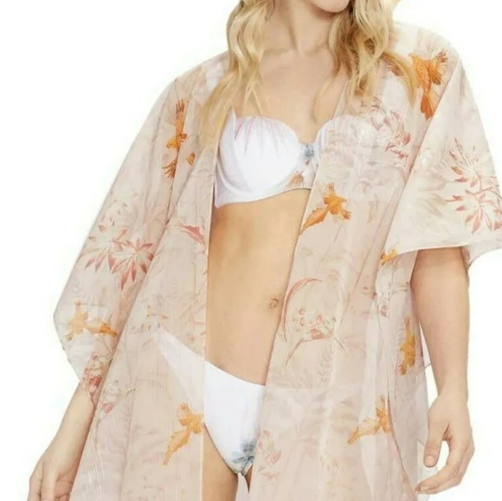 Ted Baker Rhiaa Rhapsody Kimono Pink Mettallic Threading Birds Floral Size OS - Picture 7 of 9